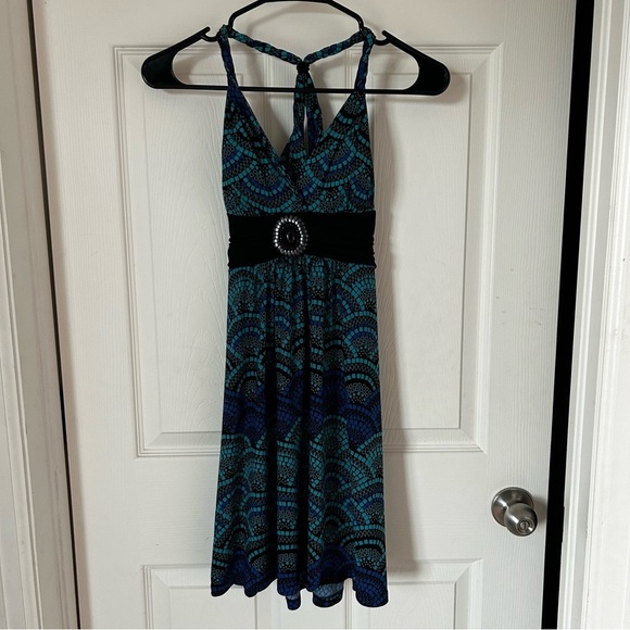 Y2K Candies Blue and Black Patterned Jeweled Mini Racerback Club Summer Dress - Picture 2 of 7